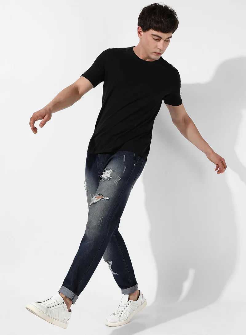 Campus Sutra Men's Ripped Dark-Wash Denim Jeans