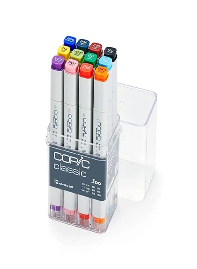 كوبيك أقلام تحديد Copic Classic، أساسها الكحول، مجموعة من 12 قطعة، أساسية (إصدار جديد) - Image 1