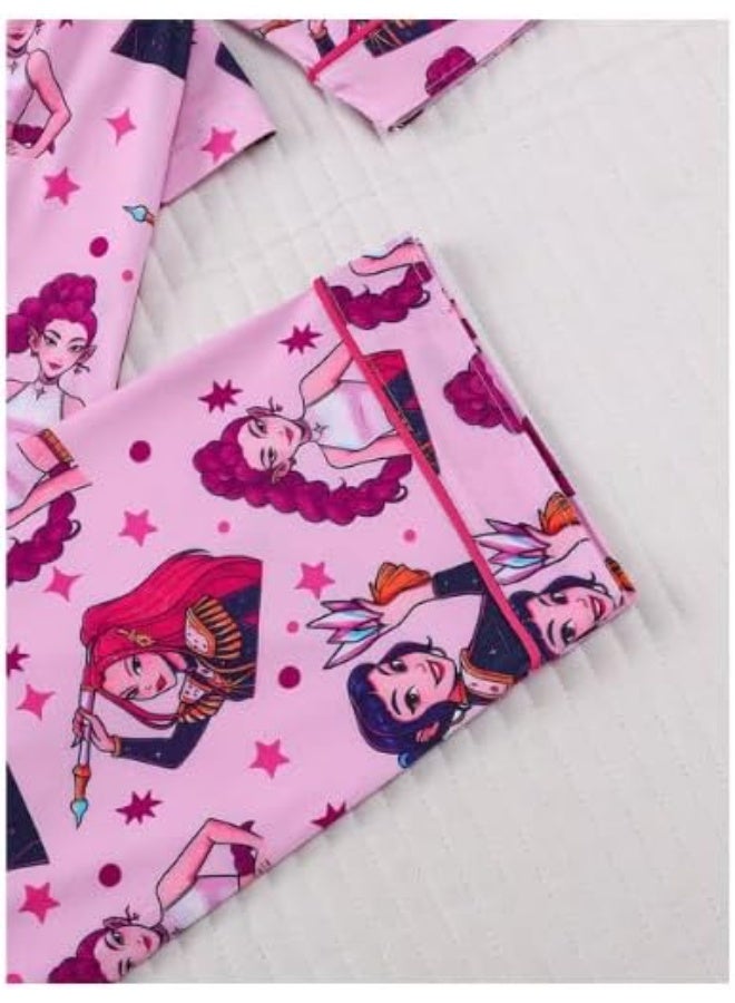 Children's Pajama Set, Pink Cartoon Character Print - Image 2