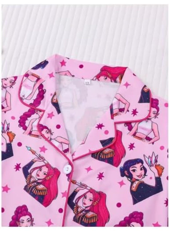 Children's Pajama Set, Pink Cartoon Character Print - Image 3