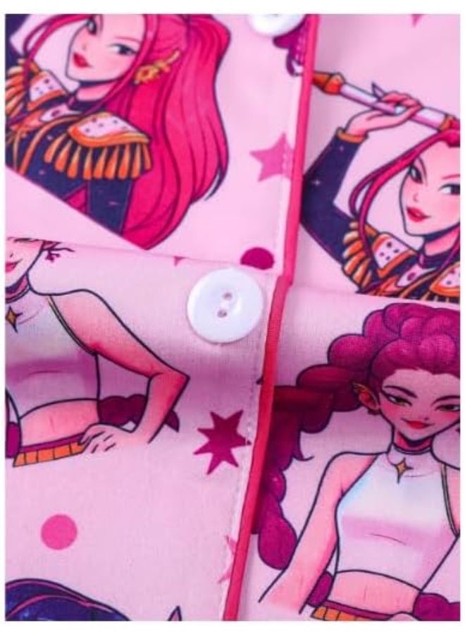 Children's Pajama Set, Pink Cartoon Character Print - Image 1