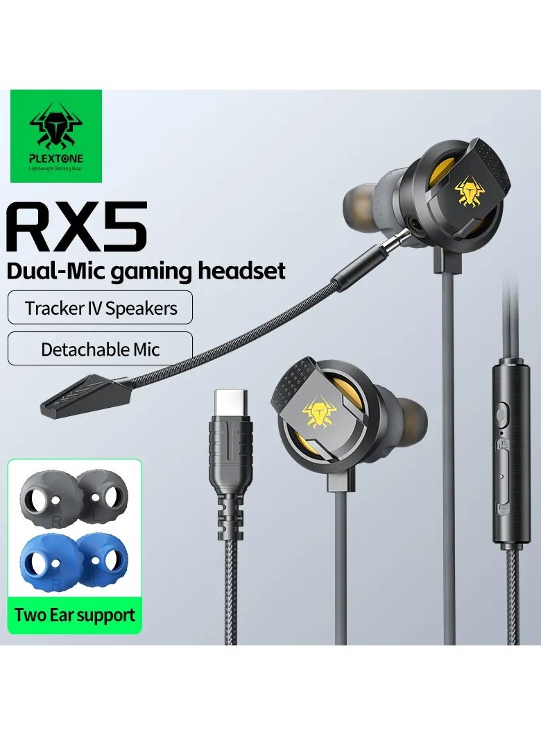 Plextone RX5 In-Ear Type-C Headphones with Detachable and Foldable Microphone The ear cushions are made of lightweight, non-slip silicone for a great feel during use and gaming.