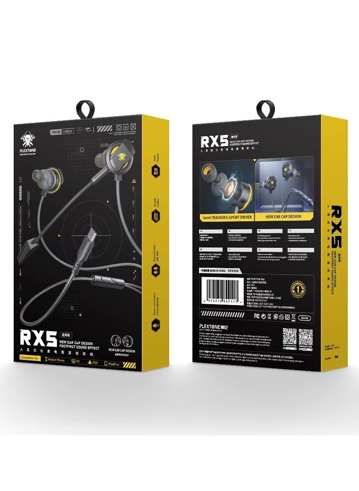 Plextone RX5 In-Ear Type-C Headphones with Detachable and Foldable Microphone The ear cushions are made of lightweight, non-slip silicone for a great feel during use and gaming.
