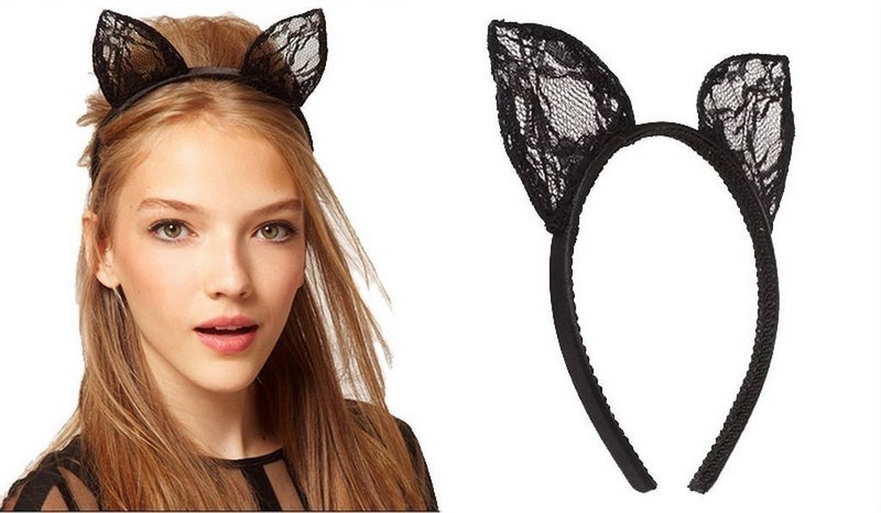 esowemsn Black Sexy Cute Lace Orecchiette Bunny Cat Ears Headband Hairband Hair Band for Costume Party Masquerade Cosplay Wedding Fancy Dress Accessory - Image 3