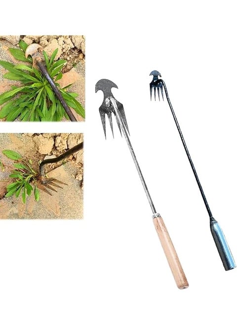 COOLive Weeding Artifact Uprooting Weeding Tool, Premium Manganese Steel Forged Weed Puller 4 Teeth Dual Purpose Weeder, Hand Weeder Tool for Gardening with Long Handle (Iron Handle+Wooden Handle)