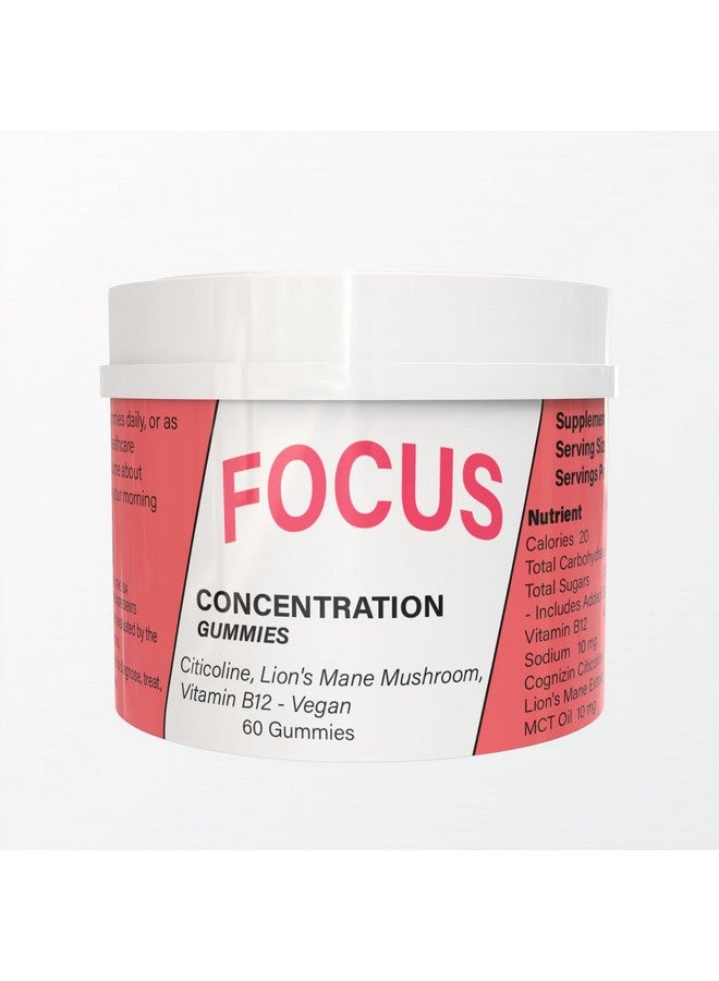 Focus Concentration & Brain Health Gummies with Cognizin Citicoline, Lion's Mane Mushroom, Vitamin B12 - Vegan