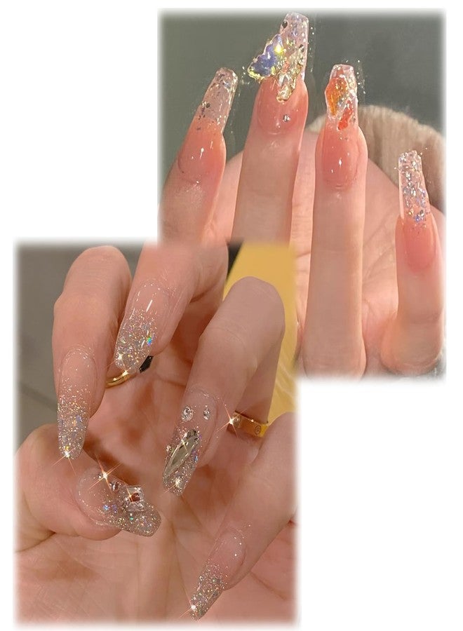 Aeenioy 2 Sets of 48 Pieces Press On Nails, Nail Extension Kit for Women, Fake Nails with Glitter Design, False Extension Nails Set, Nail File, Nail Stick, For Party, Wedding, Big Events - Image 1