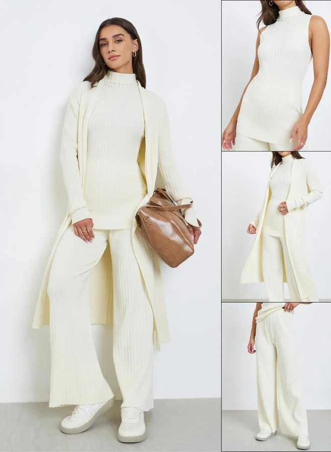 Styli Set of 3 - Ribbed Knit Top, Cardigan and Pants