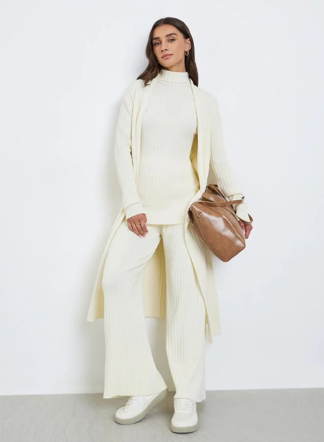 Styli Set of 3 - Ribbed Knit Top, Cardigan and Pants