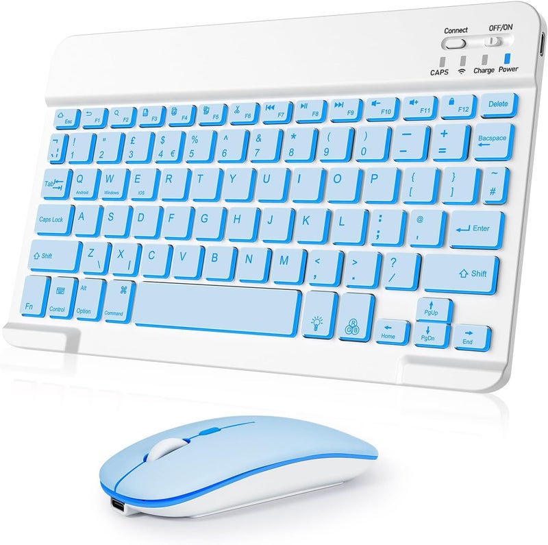 Nsyee Bluetooth Keyboard and Mouse, Universal Compact Wireless Keyboards, Rechargeable Portable for iPad/Samsung/Tablet/iOS/Android/Windows, UK Layout (Blue, Backlit Keyboard and Mouse) - Image 1