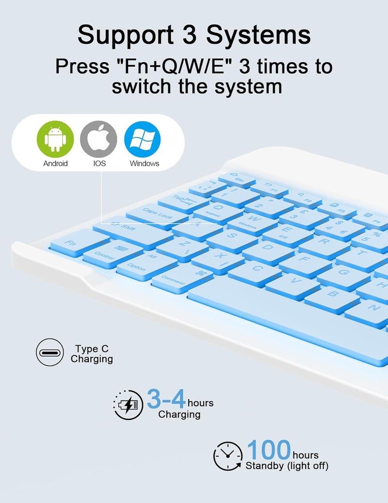 Nsyee Bluetooth Keyboard and Mouse, Universal Compact Wireless Keyboards, Rechargeable Portable for iPad/Samsung/Tablet/iOS/Android/Windows, UK Layout (Blue, Backlit Keyboard and Mouse) - Image 5