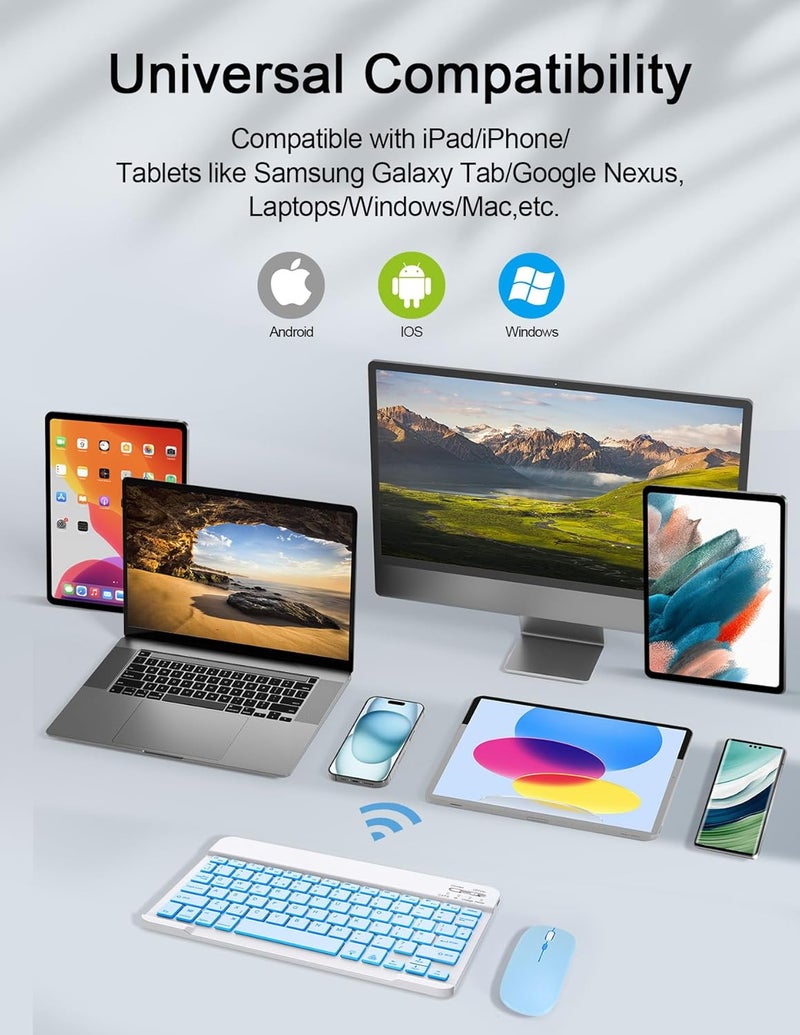 Nsyee Bluetooth Keyboard and Mouse, Universal Compact Wireless Keyboards, Rechargeable Portable for iPad/Samsung/Tablet/iOS/Android/Windows, UK Layout (Blue, Backlit Keyboard and Mouse) - Image 2