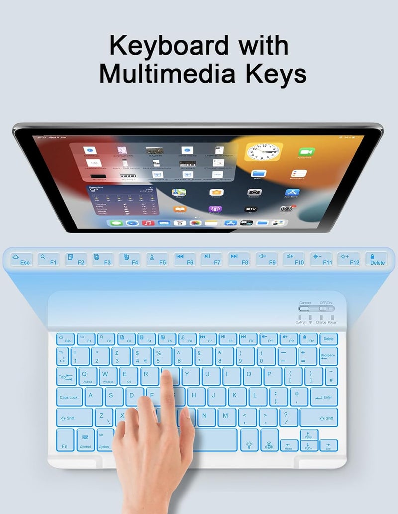 Nsyee Bluetooth Keyboard and Mouse, Universal Compact Wireless Keyboards, Rechargeable Portable for iPad/Samsung/Tablet/iOS/Android/Windows, UK Layout (Blue, Backlit Keyboard and Mouse) - Image 3