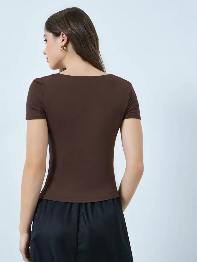 Styli  Styli Solid Square Neck Fitted Short Sleeve T-Shirt for Women | Best Price UAE