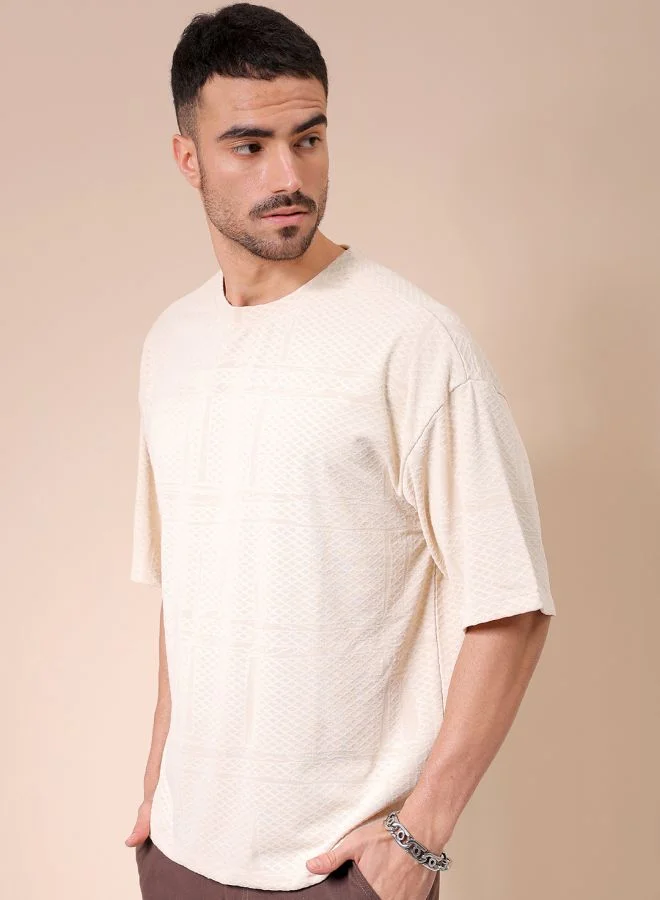 The Indian Garage Co Men Oversized Self Design Round Neck Tshirt