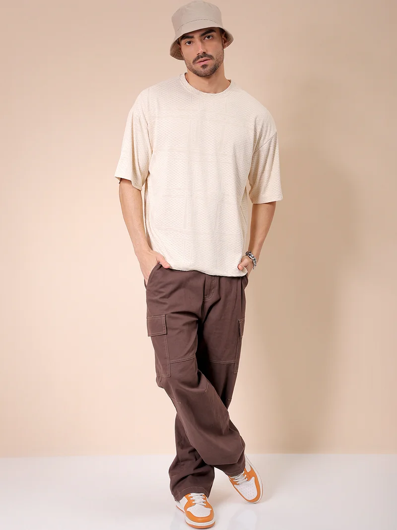 The Indian Garage Co Men Oversized Self Design Round Neck Tshirt