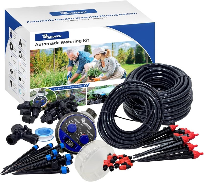 Yardeen Micro Drip Irrigation Kit Automatic Garden Watering Misting System with 8/12 inch 4/7 inch Irrigation Tubing Hose and Water Timer for Greenhouse, Yard, Lawn - Image 1