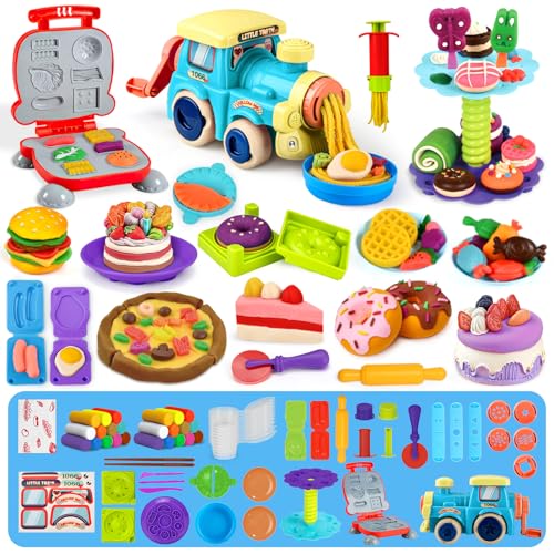 Aprilwolf 85 PCS 3 in 1 Dough Sets for Kids Ages 348 Art Crafts Dough Tools Kit Train Engine Noodle Playset Hamburger Machine Dessert Rack Kitchen Creations Food Play Toys Boys Girls - Image 1