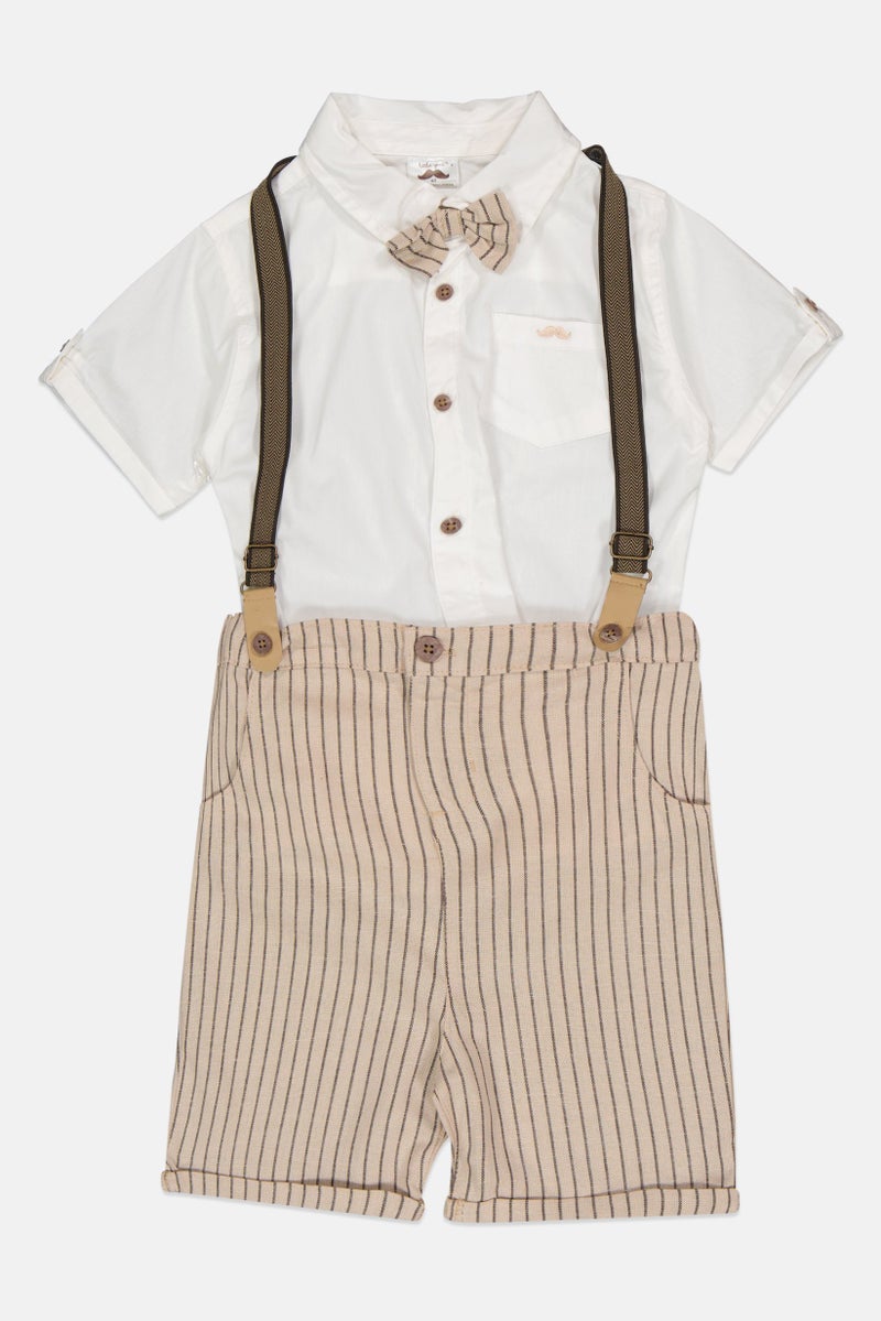 Little Gent Kids Boy 4 Pieces Casual Shirt And Short With Bow Tie And Suspender Set, Multicolor  - Image 1