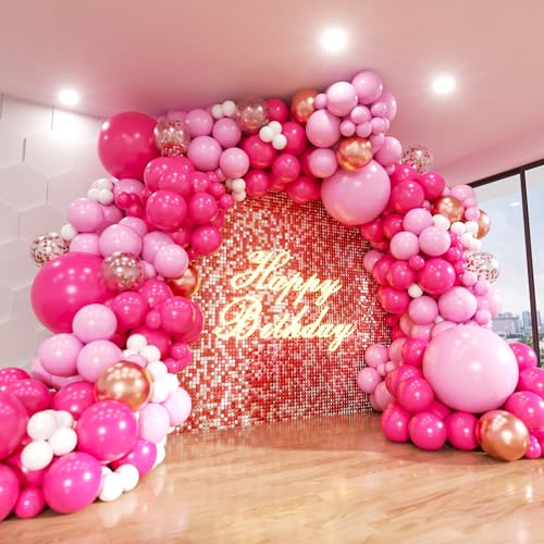 ADOINBY Pink Balloons Arch Kit 160Pcs Hot Pink Balloon Garland Kit Metallic Rose Gold Confetti Balloons for Birthday Princess Theme Engagements Galentines Day Valentines Day Party Decoration - Image 1