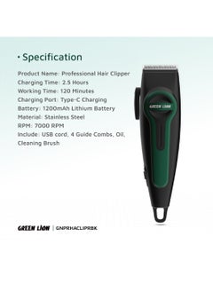 GREEN LION Professional Hair Clipper with LED Indicator / Adjustable Taper Level / 120 Minutes Working Time / Stainless Steel Material / 4 Size Combs / 7000 RPM / Type-C Charging - Black  - Image 4