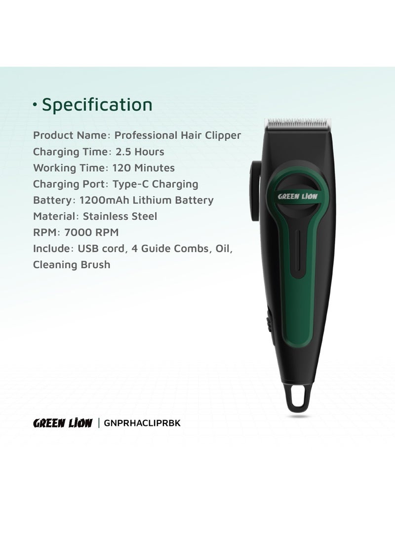 GREEN LION - Professional Hair Clipper with LED Indicator / Adjustable Taper Level / 120 Minutes Working Time / Stainless Steel Material / 4 Size Combs / 7000 RPM / Type-C Charging - Black - Image 1