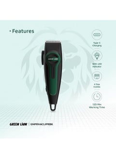 GREEN LION Professional Hair Clipper with LED Indicator / Adjustable Taper Level / 120 Minutes Working Time / Stainless Steel Material / 4 Size Combs / 7000 RPM / Type-C Charging - Black  - Image 2