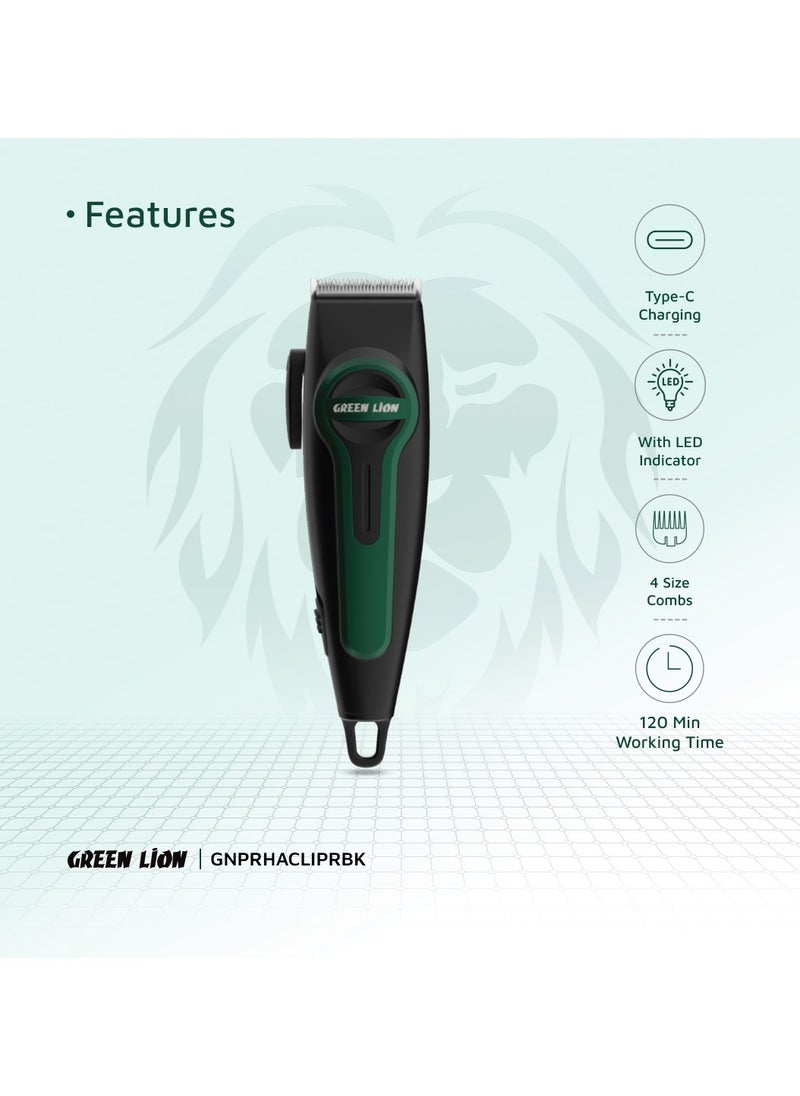 GREEN LION - Professional Hair Clipper with LED Indicator / Adjustable Taper Level / 120 Minutes Working Time / Stainless Steel Material / 4 Size Combs / 7000 RPM / Type-C Charging - Black - Image 1