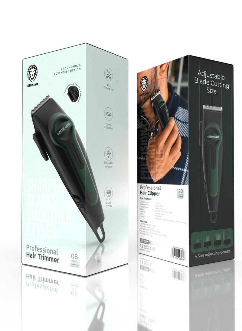 GREEN LION - Professional Hair Clipper with LED Indicator / Adjustable Taper Level / 120 Minutes Working Time / Stainless Steel Material / 4 Size Combs / 7000 RPM / Type-C Charging - Black - Image 1