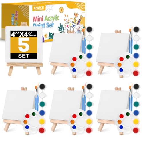 ESRICH 5 Set Mini Acrylic Paint SetMinis Canvas Painting KitSt Patricks Party Gifts4 4in Canvas with EaselAcrylic PaintsBrushPaletteMini Easel with Canvas for Kids Adults Painting Party - Image 1