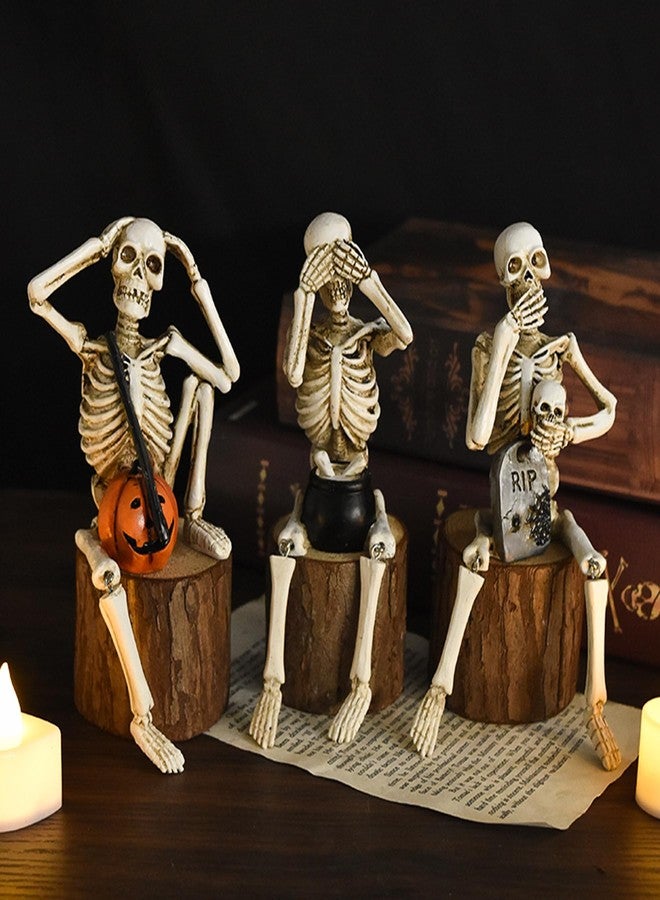HEBYJO Set of 3 Skeleton Statues, Horror Skull Halloween Resin Decor, See/Hear/Speak no Evil Collectible Figures Home Decoration - Image 5