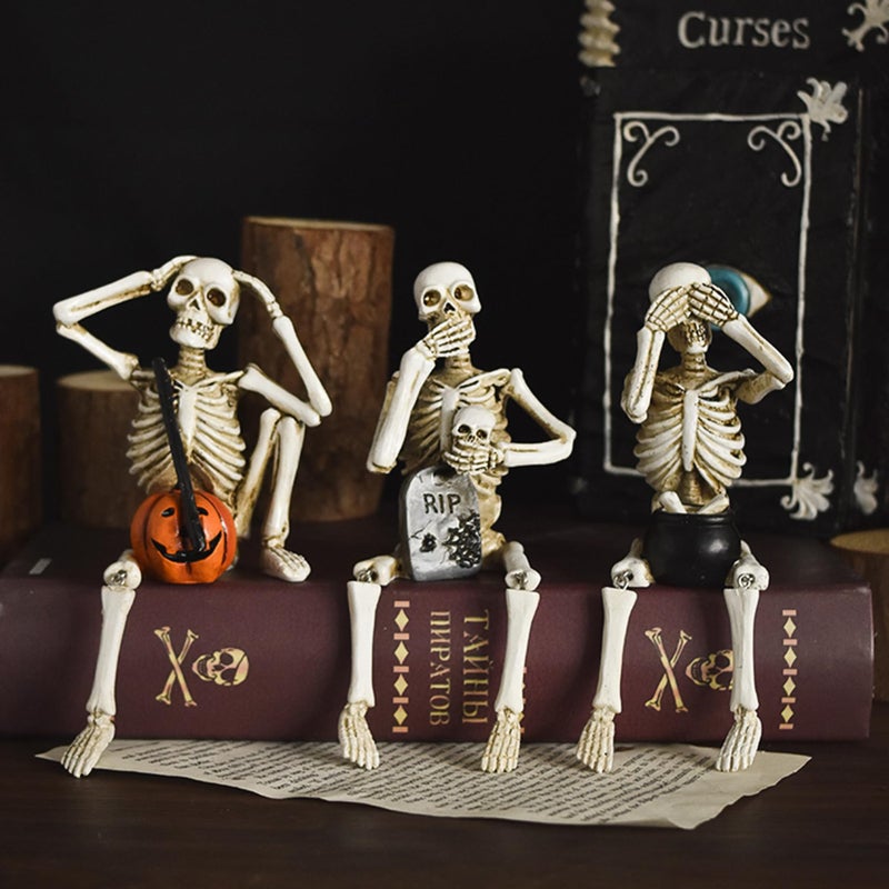 HEBYJO Set of 3 Skeleton Statues, Horror Skull Halloween Resin Decor, See/Hear/Speak no Evil Collectible Figures Home Decoration - Image 1