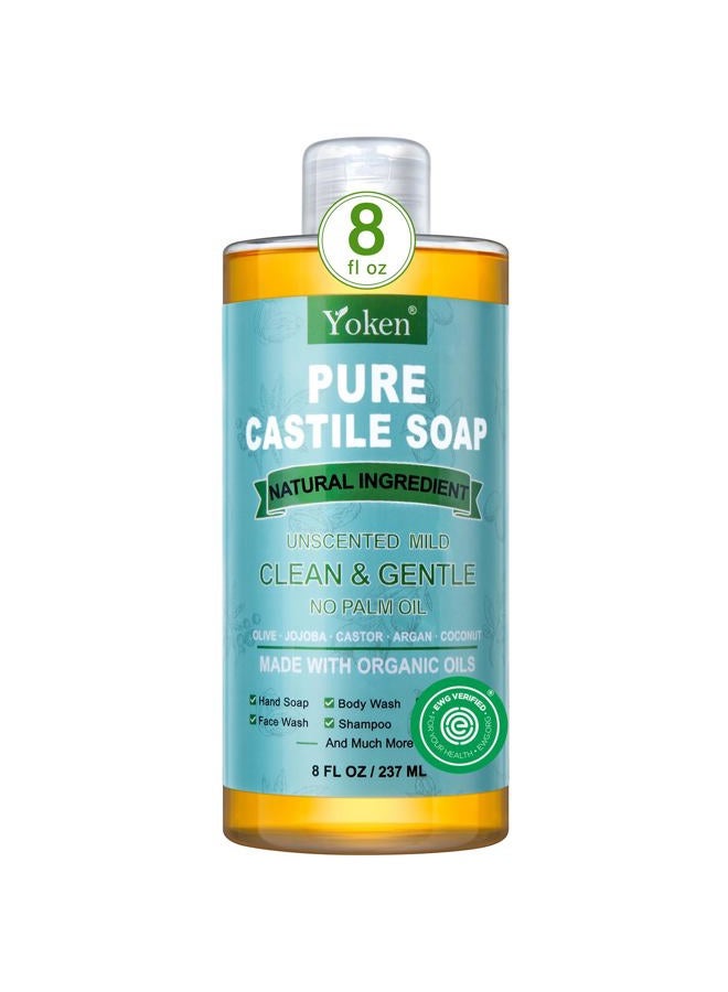 Yoken Pure Castile Liquid Soap Organic (EWG Verified, Unscented, 8 OZ), Made with Organic Oils, No Added Fragrance, Vegan, Castile Soap Liquid for Face, Laundry, Dishes, Sensitive Skin, Travel Soap - Image 1
