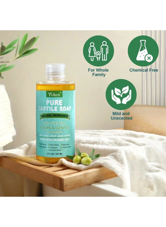 Yoken Pure Castile Liquid Soap Organic (EWG Verified, Unscented, 8 OZ), Made with Organic Oils, No Added Fragrance, Vegan, Castile Soap Liquid for Face, Laundry, Dishes, Sensitive Skin, Travel Soap - Image 2