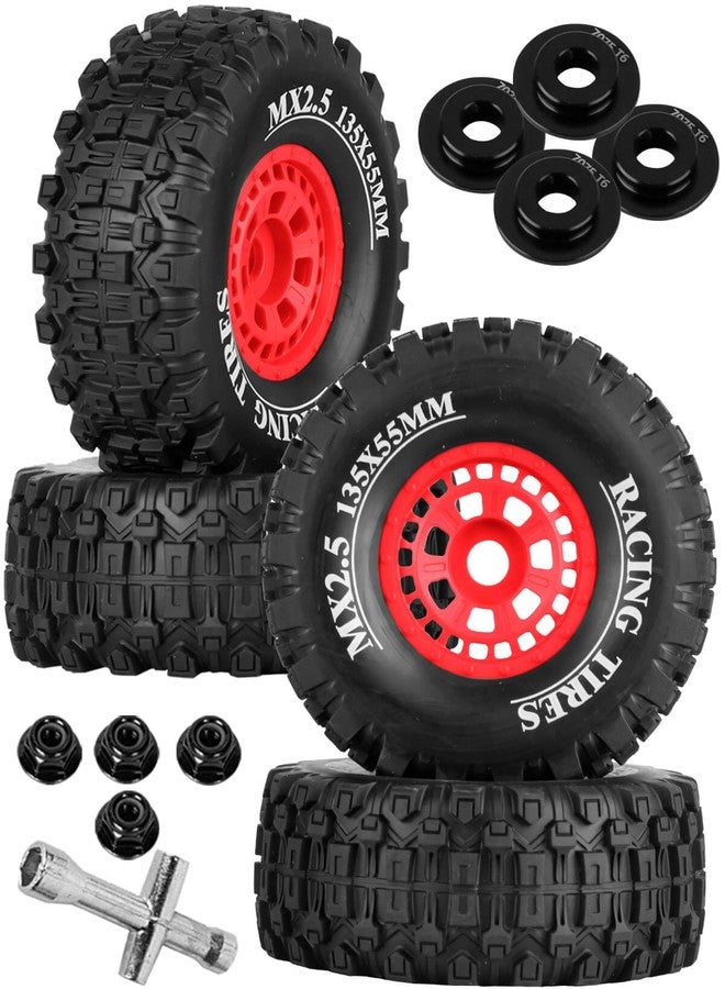 hopsupRC RC Short Course Wheels and Truck Tires for 1/7 1/8 RC Buggy Truck Car ARRM A Mojave 6S TRAXXA UDR,Off-Road Tire w/RC Wheels Hex,17mm Hex RC Tires RC Wheels(135X55) 4PCS Red - Image 1