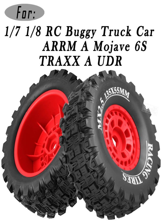 hopsupRC RC Short Course Wheels and Truck Tires for 1/7 1/8 RC Buggy Truck Car ARRM A Mojave 6S TRAXXA UDR,Off-Road Tire w/RC Wheels Hex,17mm Hex RC Tires RC Wheels(135X55) 4PCS Red - Image 2