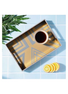 VOIDROP Rectangle Faux Leather Serving Tray for Coffee Table.Glass Printed Tray. Large Rectangle Food Tray, Butler Tray, Breakfast Tray with Handles Beige and Gold