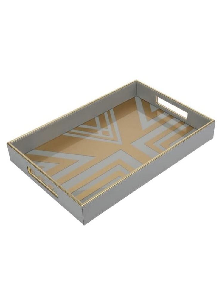 VoiDrop - VOIDROP Rectangle Faux Leather Serving Tray for Coffee Table.Glass Printed Tray. Large Rectangle Food Tray, Butler Tray, Breakfast Tray with Handles Beige and Gold - Image 1