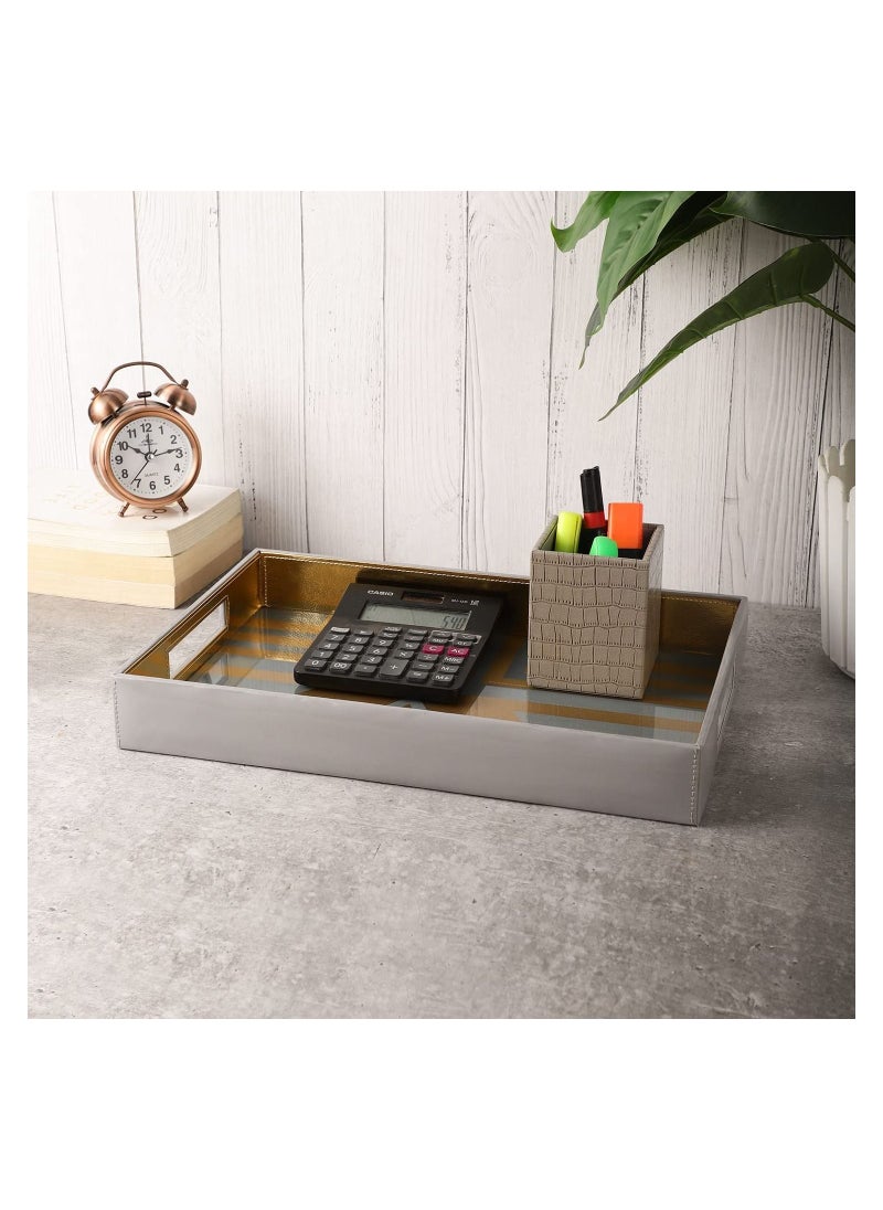 VoiDrop - VOIDROP Rectangle Faux Leather Serving Tray for Coffee Table.Glass Printed Tray. Large Rectangle Food Tray, Butler Tray, Breakfast Tray with Handles Beige and Gold - Image 1