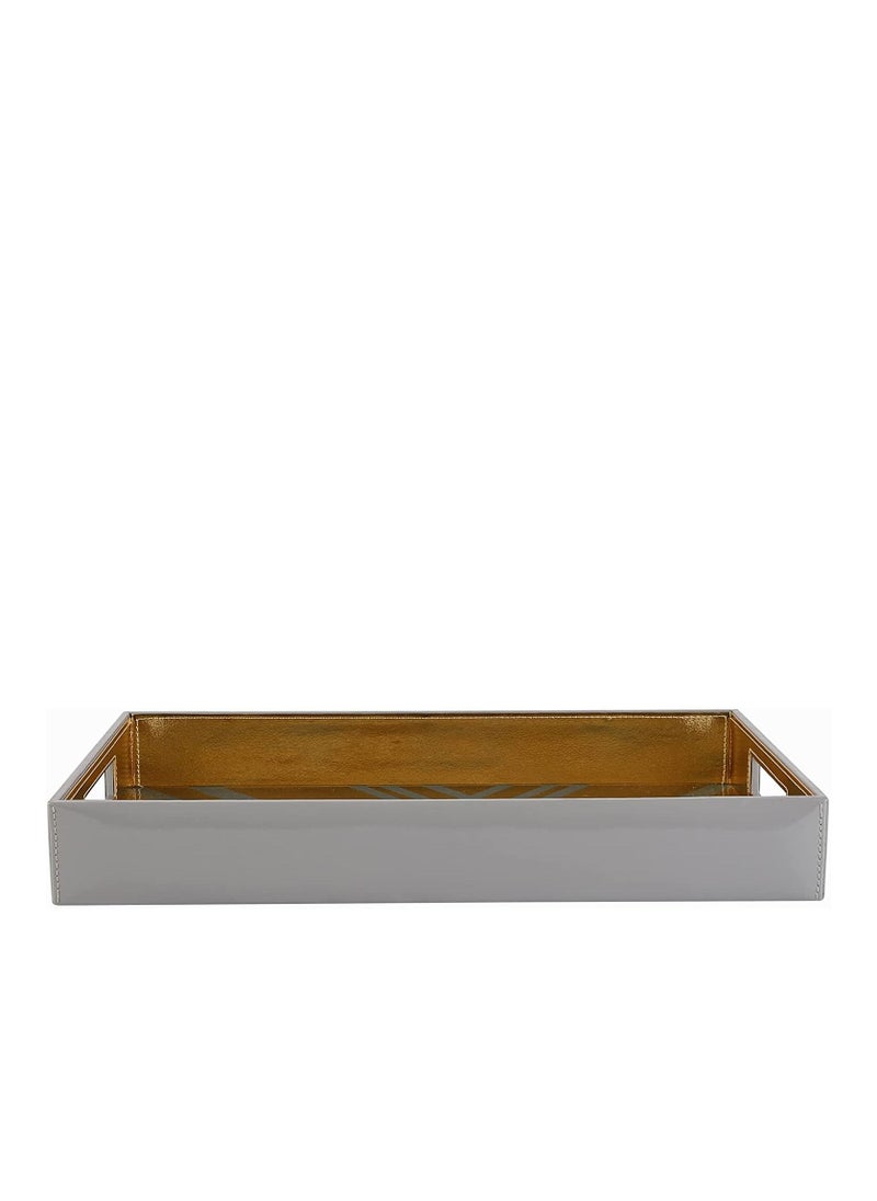 VoiDrop - VOIDROP Rectangle Faux Leather Serving Tray for Coffee Table.Glass Printed Tray. Large Rectangle Food Tray, Butler Tray, Breakfast Tray with Handles Beige and Gold - Image 1