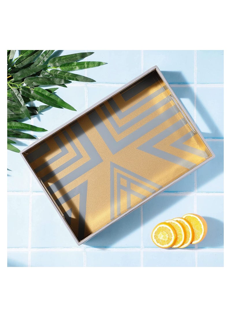 VoiDrop - VOIDROP Rectangle Faux Leather Serving Tray for Coffee Table.Glass Printed Tray. Large Rectangle Food Tray, Butler Tray, Breakfast Tray with Handles Beige and Gold - Image 1