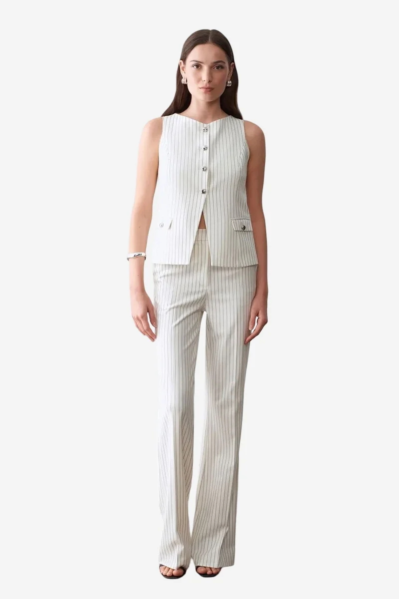Dilvin Dusty White DILVIN Women’s Mid-Waist Wide-Leg Striped Trousers for Women | Best Price UAE