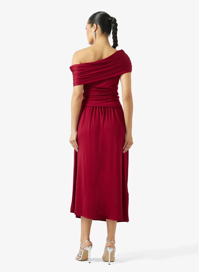 ELLA Aysmmetric Neck Ruched Dress