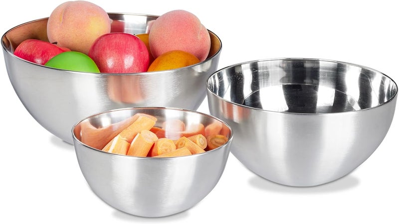 Relaxdays Mixing Bowl Set, 3 Pieces, Dishwasher Safe, Salad Bowl, Stainless Steel, Various Sizes, Stackable, Silver - Image 1