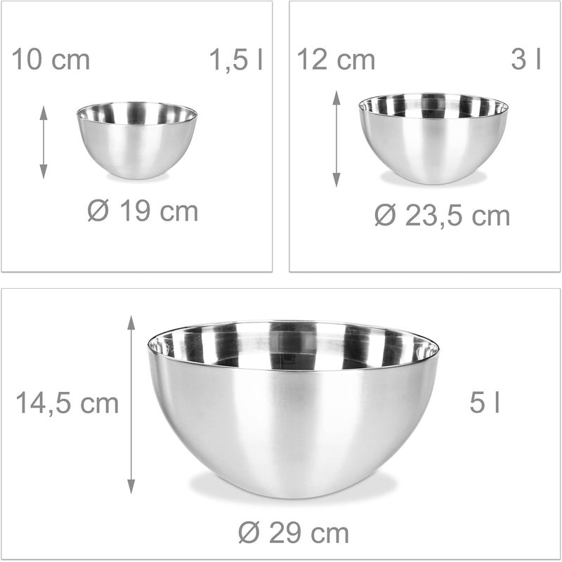 Relaxdays Mixing Bowl Set, 3 Pieces, Dishwasher Safe, Salad Bowl, Stainless Steel, Various Sizes, Stackable, Silver - Image 4