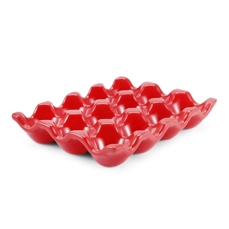 Flexzion Flexzion Ceramic Egg Holder for Fridge  12 Cups Egg Tray Whole Dozen Porcelain Container Keeper Storage Organizer Decorative Serving Stand Serveware for Countertop Display Kitchen Red 