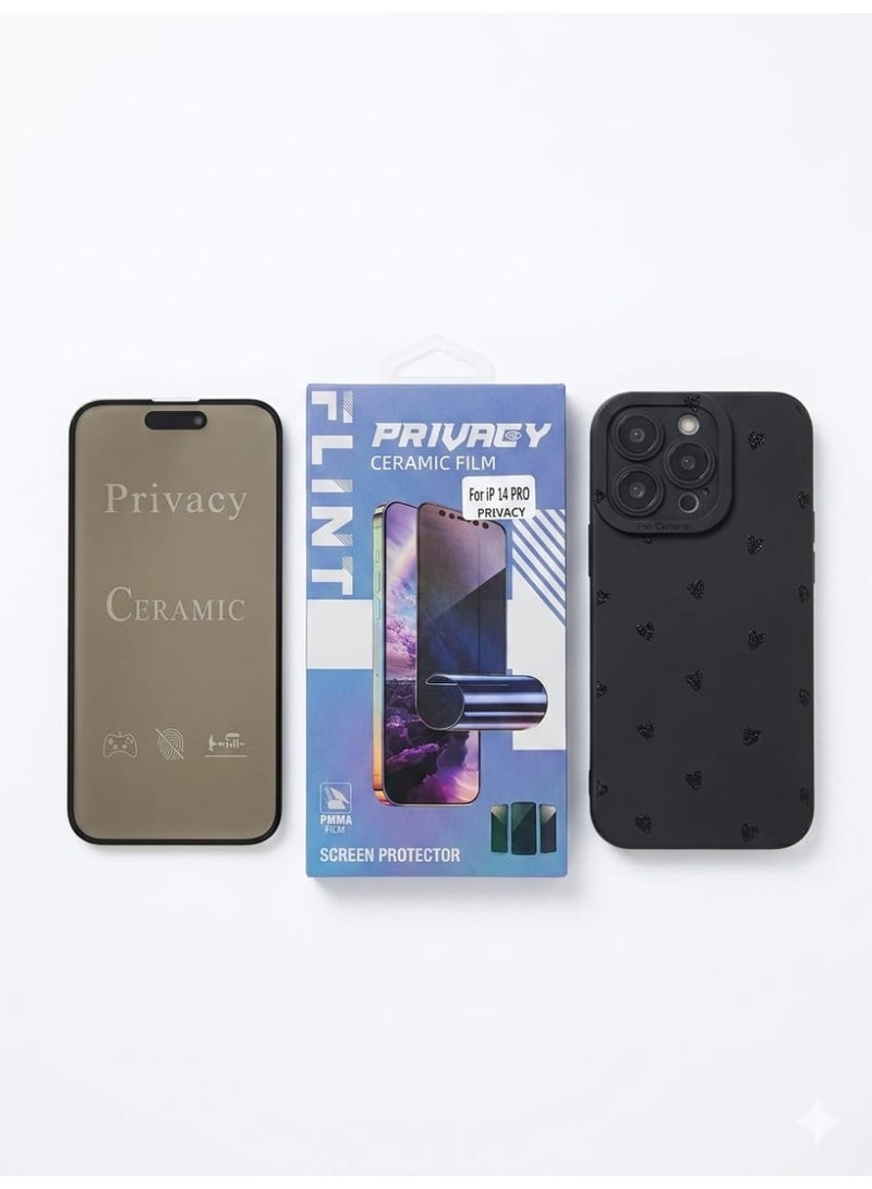 iPhone 14 Pro protection bundle black heart pattern case + privacy Nano ceramic Screen protector case women grails