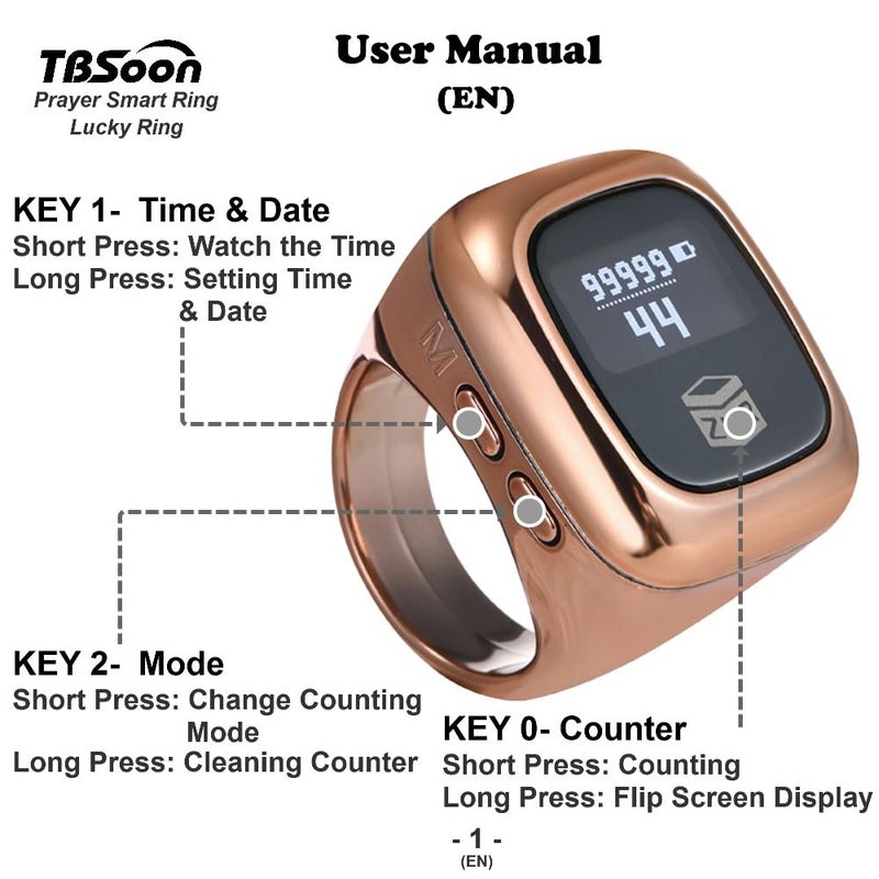 TBSoon Luxury Prayer Smart Ring - Islamic Muslim Tasbih With OLED Display, Long Battery Life, Time Watch, Prayer Counters - Fashionable Cool Daily Wear and, Black-20mm - Image 2