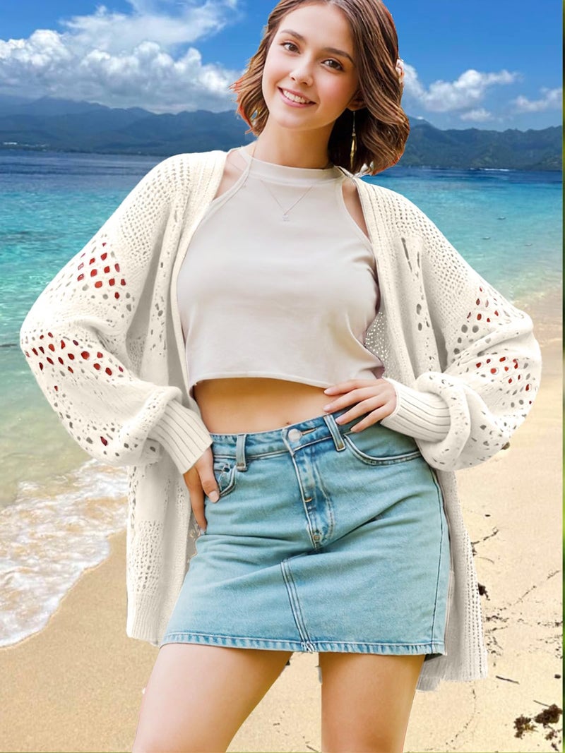 WIFFGO Womens Summer Crochet Lightweight Cardigan Coverups Boho Kimono Long Sleeve Open Front Knitted Outwear Cover Up Outfits - Image 2