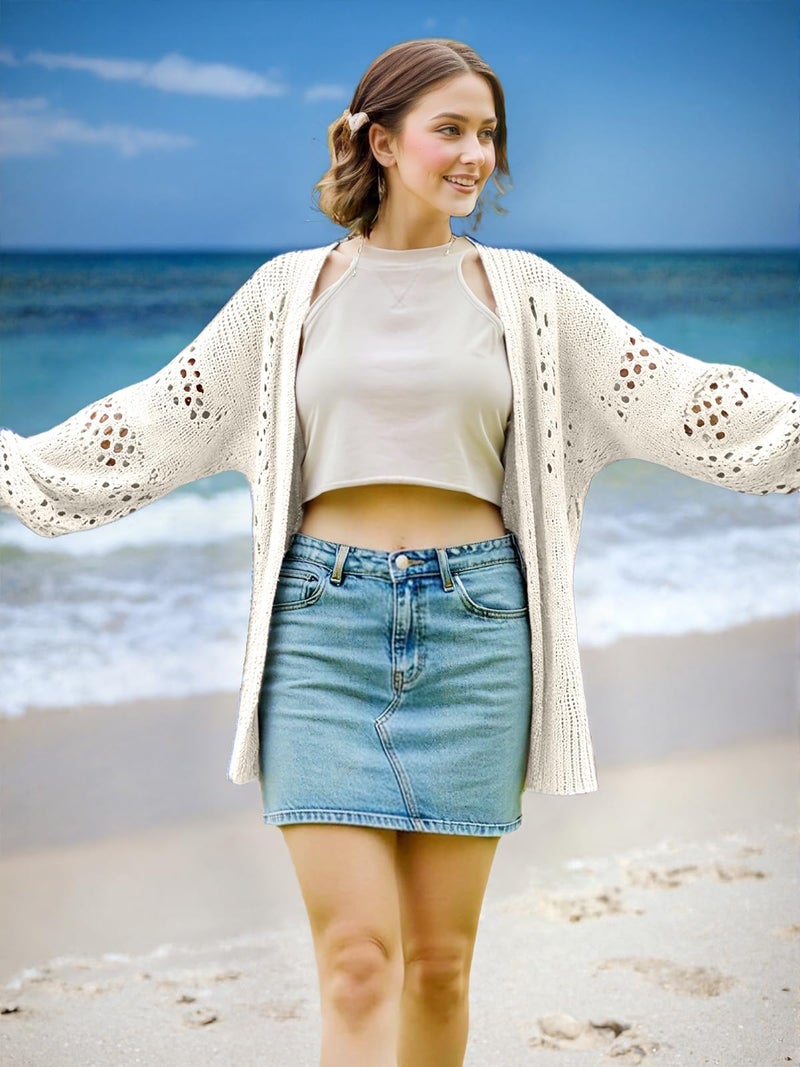 WIFFGO Womens Summer Crochet Lightweight Cardigan Coverups Boho Kimono Long Sleeve Open Front Knitted Outwear Cover Up Outfits - Image 3